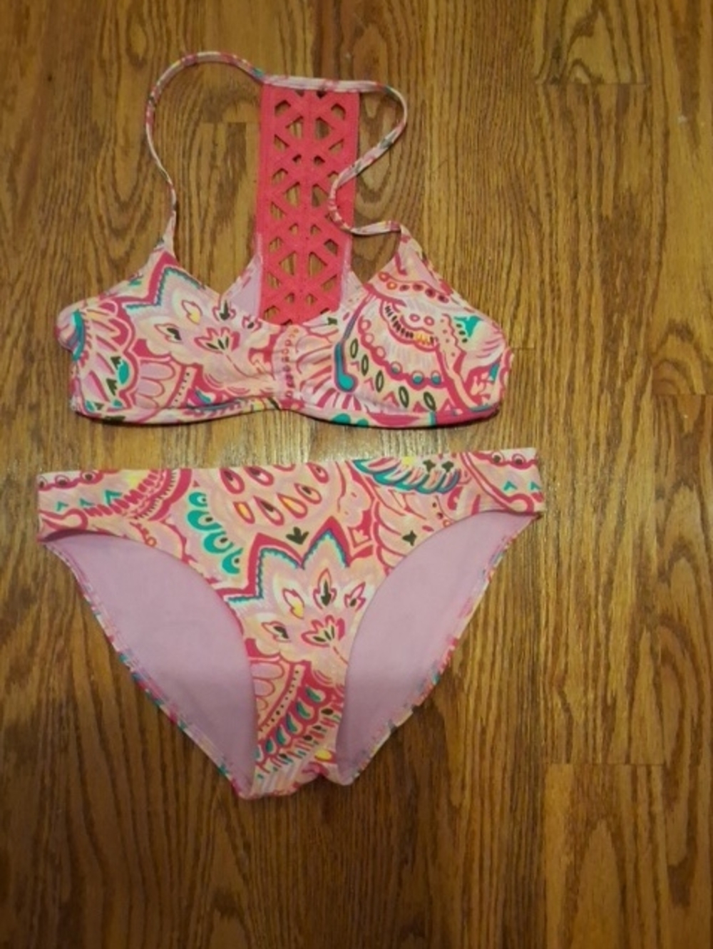 aerie Multicolor Coral Pink Patterned Bikini Top